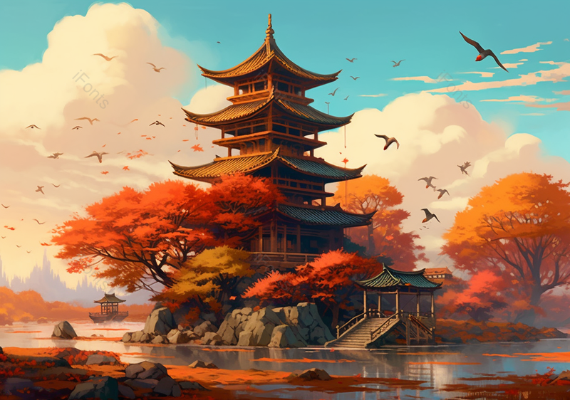 中国风建筑山水国潮风插画背景,插画/手绘图,插画/手绘图库,插画/手绘图下载,插画/手绘